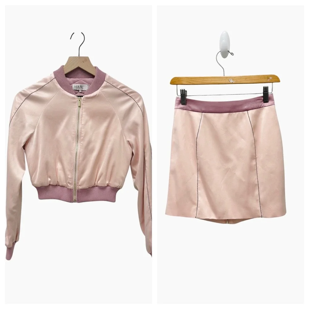 House of‎ CB Tacia Pink Satin Cropped Bomber Jacket and Mini Skirt Set XS